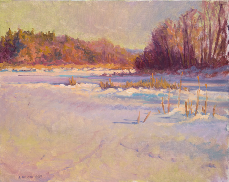  CAT# 0458  The Pattaquassett - winter morning  oil	24 x 30 inches Leif Nilsson winter morning	©
