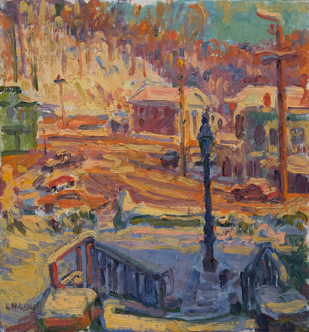   CAT# 1184  Chester Center - Down the Stairs, winter morning  oil	16 x 15	inches Leif Nilsson winter 1992 © 