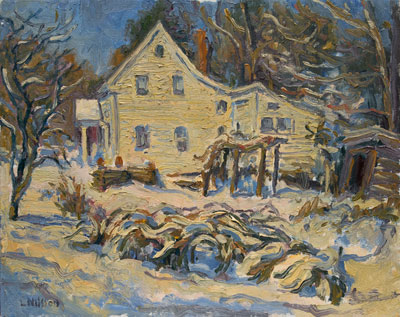    CAT# 1188  Winter Morning at the Larssons  oil	16 x 20	inches Leif Nilsson winter 1993 © 