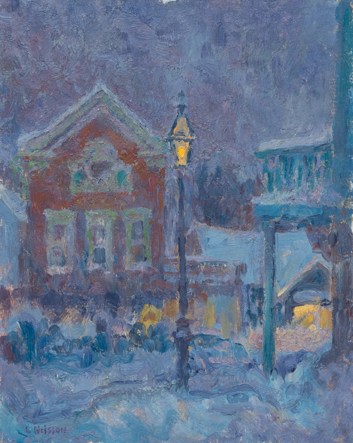 CAT# 1544	 Chester Center - Dusk	 oil	20 x 16  Leif Nilsson winter 1994 