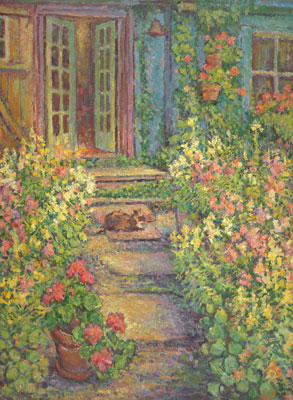   CAT# 1768 Path to the Studio with Snapdragons and Calisimo  oil 54 x 40 inches Leif Nilsson summer 1997 © Sold Fine Art prints are available of this painting.