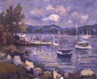  CAT# 1787  Boats at Pettipaug, cloudy morning  oil 24 x 30  Leif Nilsson summer 1997 © 