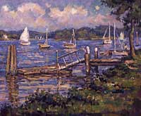  CAT# 1797  Pettipaug Docks with Sailing Boats  oil 30 x 36  Leif Nilsson summer 1997 © 