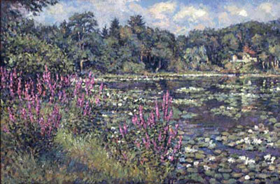  CAT# 2052  Jennings Pond with Loosestrife  oil 24 x 36  Leif Nilsson summer 1999 © 