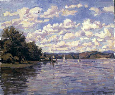  CAT# 2161  The Connecticut River with Elliots Boat, afternoon  oil 30 x 36  Leif Nilsson summer 2000 © 