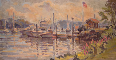 CAT# 2188  Deep River Marina Foggy Morning (southeast wind)  oil 16 x 30 inches Leif Nilsson Summer 2000 ©
