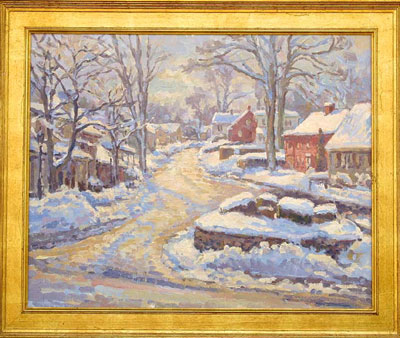 CAT# 2253  Main and Maple - winter morning  oil 24 x 30 inches Leif Nilsson Winter 2001 ©