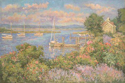   CAT# 2346  North Cove, Old Saybrook from the garden  oil 36 x 54 inches Leif Nilsson summer 2001 ©  Sold Fine art Prints are now available of this painting.