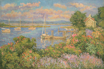  CAT# 2346  North Cove, Old Saybrook from the garden  oil 36 x 54  Leif Nilsson summer 2001 ©  Fine art Prints are now available of this painting.