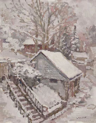   CAT# 2397  The Studio with Spring Snow  oil 11 x 14 inches Leif Nilsson Spring 2002 ©  Sold Limited Edition Fine Art Prints are available of this painting.
