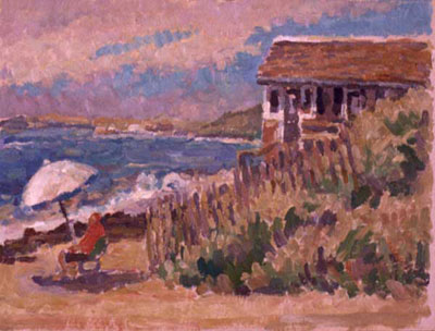   CAT# 2419  Beach House with red figure- Truro  oil 9 x 12 inches Leif Nilsson Summer 2002 ©