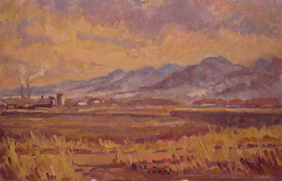  CAT# 2504  Foothills with Smoke Stacks  oil 16 x 24  Leif Nilsson winter 2003 ©