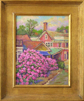   CAT# 2546  Down Spring Street with Rhododendrons  oil 14 x 11 inches Leif Nilsson spring 2003 © 