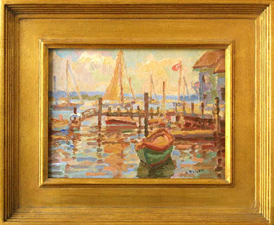   CAT# 2582  Steamboat Dock with Antique Boats  oil 9 x 12 inches Leif Nilsson summer 2003 © 