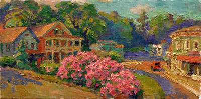   CAT# 2654  Up Spring Street with Rhododendrons  oil 9 x 18 inches Leif Nilsson 2004 ©