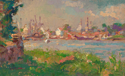   CAT# 2664  Mystic Seaport - Morning  oil 7 x 12 inches Leif Nilsson summer 2004 ©  Sold Fine art Prints are now available of this painting.
