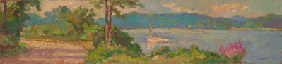  CAT# 2666  Catboat at Pettipaug - Afternoon  oil 7 x 32 inches Leif Nilsson summer 2004 ©  Fine art Prints are now available of this painting. 