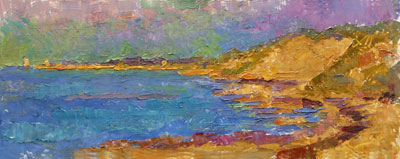   CAT# 2689  Gracie's Cove - Block Island oil 8 x 20 inches Leif Nilsson autumn 2004 © 