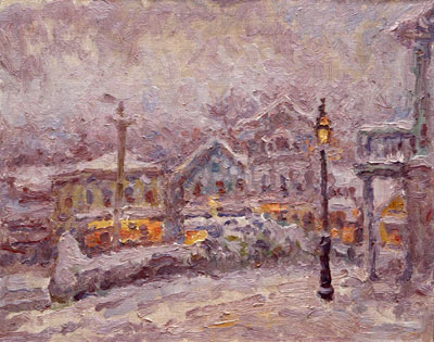   CAT# 2709  Chester Center - snowing  oil 11 x 14 inches Leif Nilsson winter 2004 © 