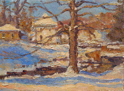   CAT# 2716  Nina's House - winter morning  oil 9 x 12 inches Leif Nilsson winter 2004 © 