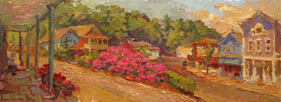   CAT# 2723  Chester Center with Rhododendrons  oil 9 x 24 inches Leif Nilsson spring 2005 © 