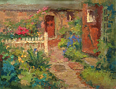   CAT# 2800  The Studio garden with roses  oil paint on linen canvas 11 x 14 inches, unframed Leif Nilsson spring 2006 © 