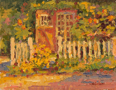  CAT# 2802  The Studio Garden with Picket Fence  oil paint on linen canvas 8 x 10 inches, unframed Leif Nilsson summer 2006 © 