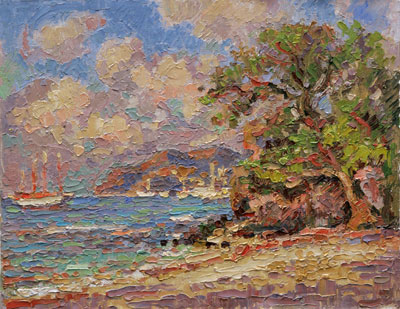 Under the Almond Tree with Sail Boats, gray day - Lower Bay Beach, Bequia