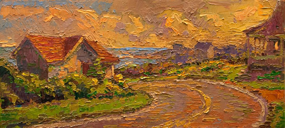 CAT# 3144  Spring Street, Bend in the Road - Block Island  oil	10 x 22  Leif Nilsson autumn 2011	