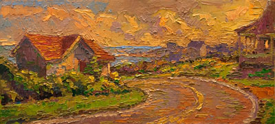   CAT# 3144  Spring Street, Bend in the Road - Block Island  oil	10 x 22 inches Leif Nilsson autumn 2011	©