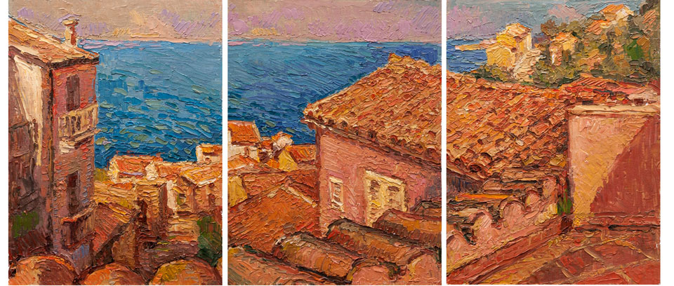 St Ambrogio - view from the terrace, triptyc  oil	12 x 27 