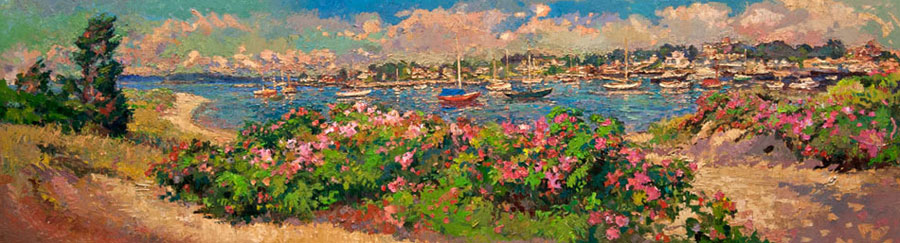 CAT# 3180  Watch Hill Harbour from Napatree Point  oil	27 x 96  Leif Nilsson Summer 2012	© 