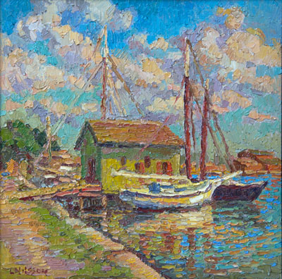 CAT# 3326  Mystic Seaport Museum - Afternoon with the Oyster House  oil	16 x 16  Leif Nilsson summer 2015	© 