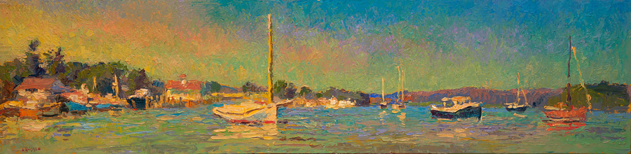 CAT# 3539  Essex from The Mooring Field  oil	12 x 48  Leif Nilsson summer 2018	©