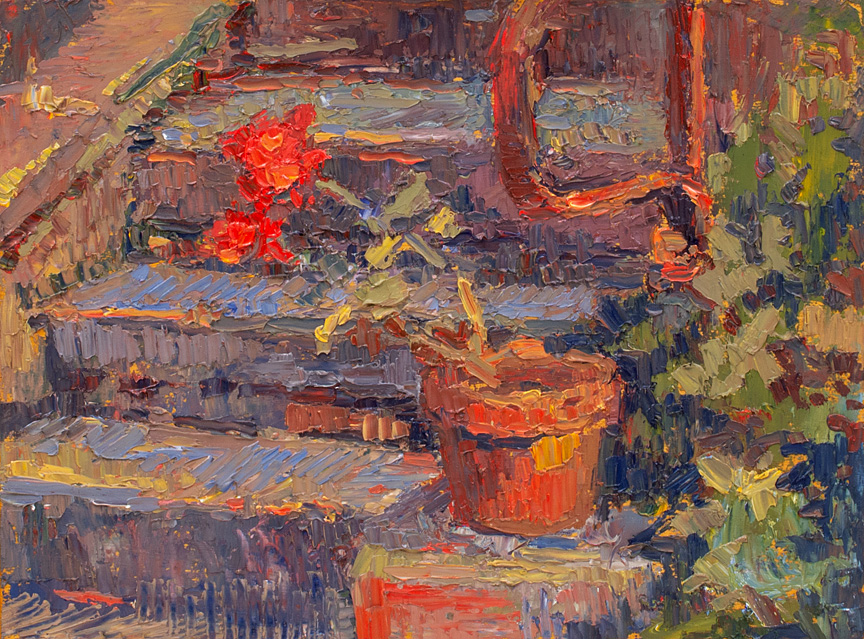 CAT# 3573.5  Geranium on Stone Steps  oil	9 x 12 inches Leif Nilsson summer 2018©