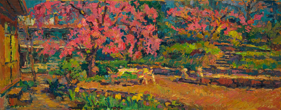  CAT# 3603  Back yard with Cherry Tree  oil	12 x 30 inches  Leif Nilsson spring 2019	© 