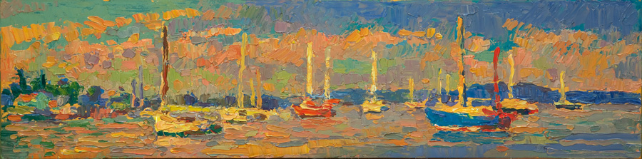CAT# 3620  Essex from the Mooring Fields  oil	6 x 24 inches  Leif Nilsson summer 2019	© 