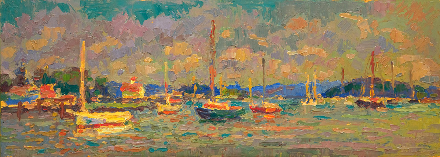 CAT# 3624  Essex from the Mooring Fields - afternoon  oil	9 x 24 inches  Leif Nilsson summer 2019	© 