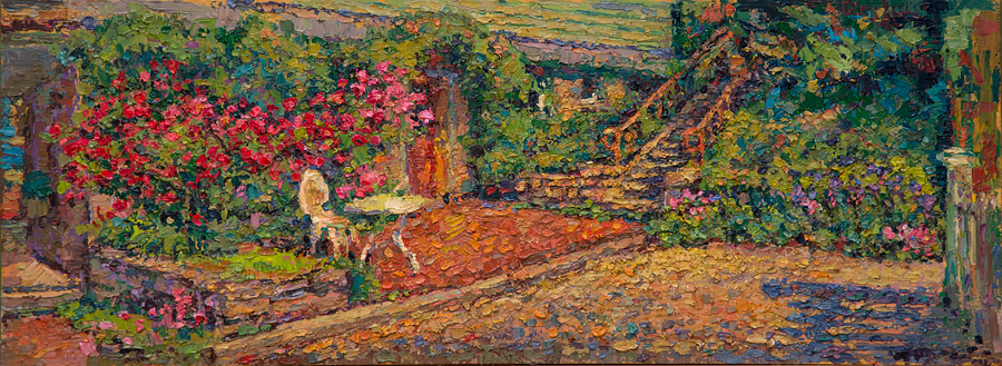 CAT# 3660  Rose Garden - afternoon  oil	9 x 24 inches  Leif Nilsson spring 2021	©