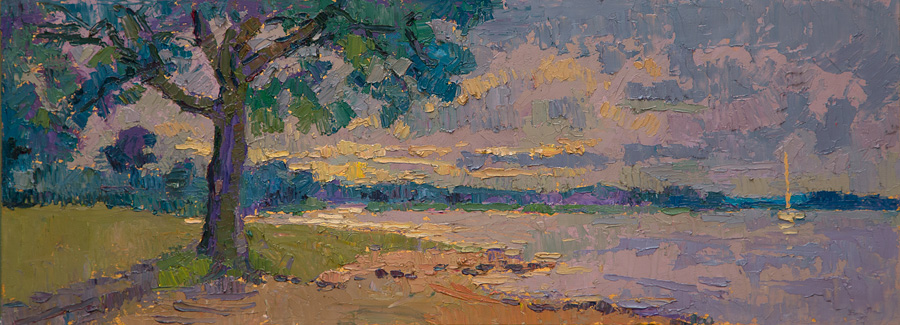 CAT# 3666  Come Home Geese - afternoon  oil	9 x 24 inches  Leif Nilsson summer 2021	© 