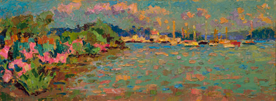  CAT# 3671  Essex from Thatchbed Island with Marsh Mallows  oil	9 x 24 inches Leif Nilsson summer 2021	© 