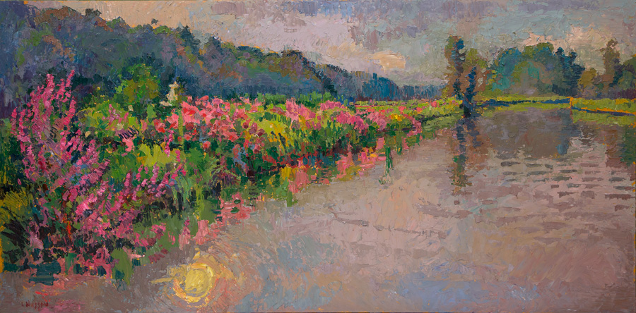  CAT# 3672	 Seldens Creek with Loosestrife and Joe Pie Weed - cloudy afternoon  oil	24 x 48 inches Leif Nilsson summer 2021	©