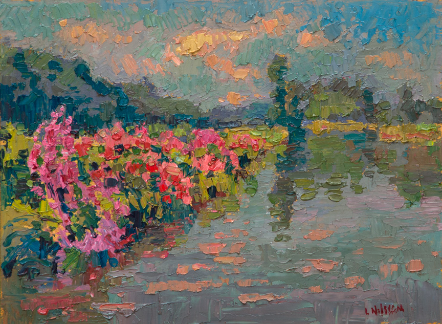 CAT# 3674  Seldens Creek with Loosestrife and Joe Pie Weed - sunny morning  oil	9 x 12 inches  Leif Nilsson summer	2021 ©