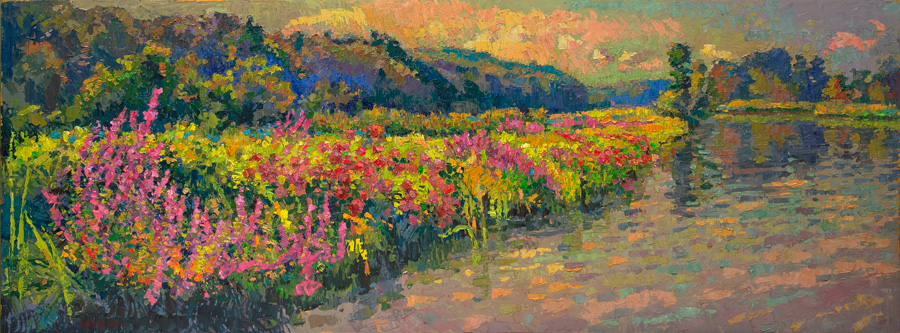  CAT# 3675  Seldens Creek with Loosestrife and Joe Pie Weed - sunny afternoon  oil	18 x 48 inches  Leif Nilsson summer 2021	©