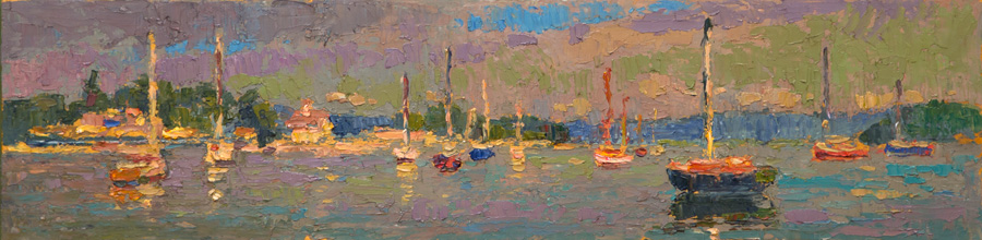 CAT# 3676  Essex Yacht Club with Calamine - morning  oil	6 x 24 inches  Leif Nilsson summer 2021	© 