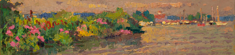 CAT# 3678  Thatchbed Island with Cattails and Marsh Mallows - afternoon  oil	6 x 24 inches  Leif Nilsson summer 2021	©