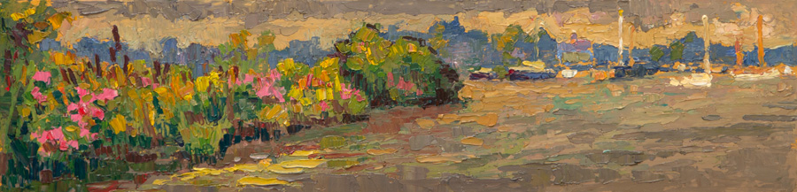 CAT# 3679  Thatchbed Island with Cattails and Marsh Mallows - cloudy afternoon  oil	6 x 24 inches Leif Nilsson summer 2021	©