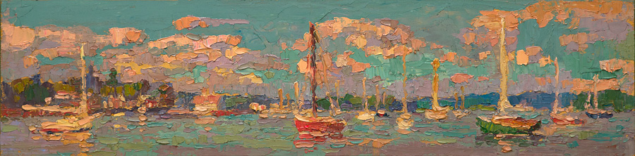  CAT# 3687  Essex with Red Sail Boat - afternoon  oil	6 x 24 inches  Leif Nilsson autumn 2021	© 