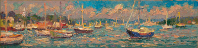 CAT# 3716  Noank from the Mooring Field  oil	6 x 24	inches Leif Nilsson summer 2022	©