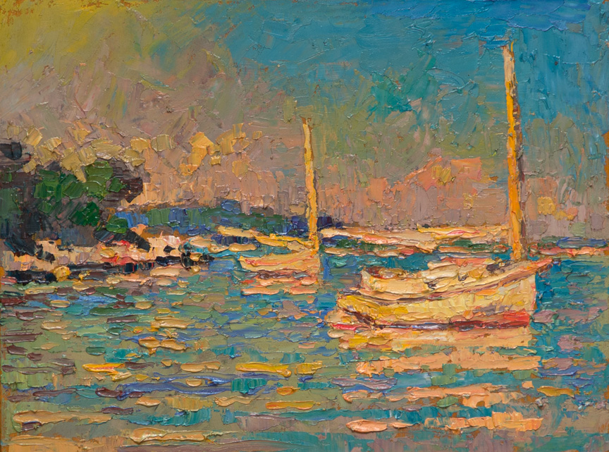CAT# 3721  Spirit at Ram Island with Catboat  oil	9 x 12	inches Leif Nilsson summer 2022 © 